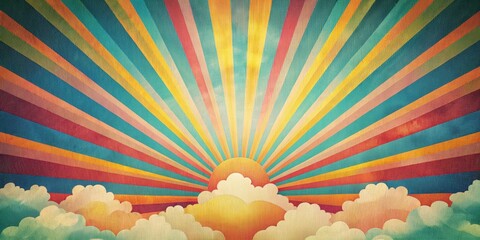 Wall Mural - A retro-inspired sky pattern featuring colorful clouds and sun rays, retro, sky, pattern, vintage, retro-inspired