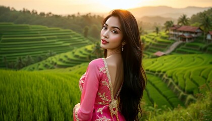 Confident Thai Woman in Rice Terraces