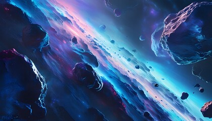 Cosmic Journey Through an Asteroid Field in Enchanting Blue and Purple Hues