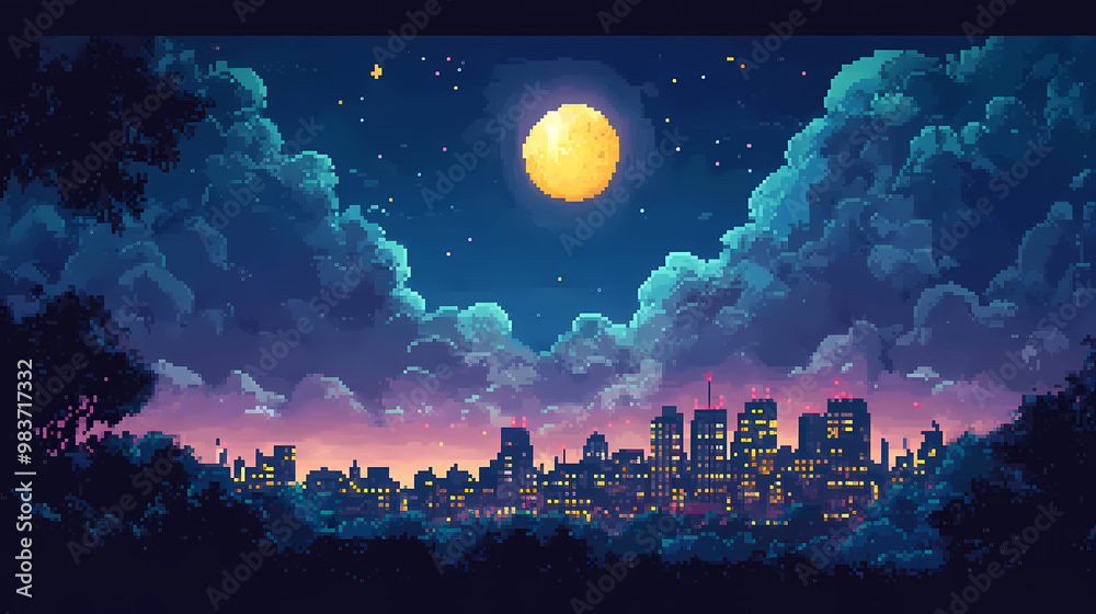 Nostalgic pixel art depicting a serene night landscape with a city ...