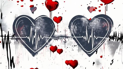 Poster - Two stylized heart graphics featuring heartbeat lines are adorned with splashes of color and floating hearts, conveying love and passion in a dynamic artistic representation.