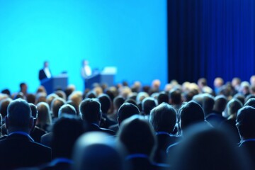 Large crowd gathered in front of a conference stage with speakers, set against a blurred blue background, capturing the event atmosphere.