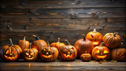 Wall Mural - Halloween pumpkins arranged on a dark wood background, spooky, autumn, decoration, rustic, seasonal, holiday, festive