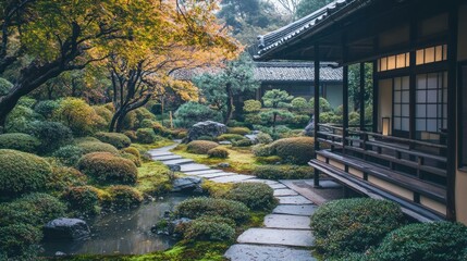 Canvas Print - Tranquil Japanese Garden with Stone Path and Wooden House