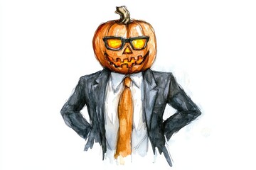 A humorous watercolor illustration of a financial analyst with a pumpkin head wearing glasses, symbolizing a Halloween costume, business, finance, and spooky fun.