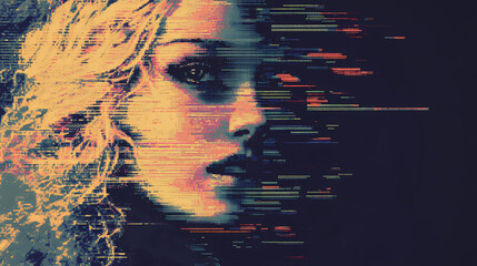 Poster - Generative ai illustration of adult woman with blond hair made of many small pixelated images looking away. Pixel Art. Illustration