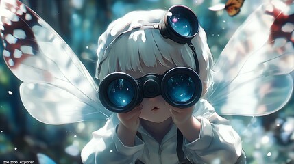 Canvas Print - Fairy Girl with Binoculars Looking Through the Lens.