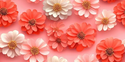 Poster - Zinnia pattern on soft coral pastel background, top down view