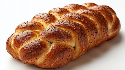 A braided loaf of bread topped with poppy seeds.