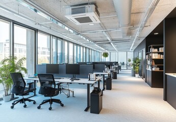 modern office with ergonomic chairs, high-tech desks, large windows, bright lighting, plants, and mi