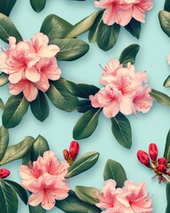 Poster - Rhododendron pattern on light sky blue pastel background, top down view with a hint of lavender hues.