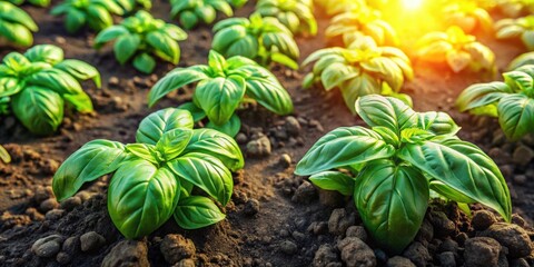 Wall Mural - Top view of fresh basil plants growing on a sunny farm field, farm, agriculture, basil, herbs, growth, green, top view