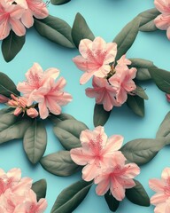 Poster - Rhododendron pattern on light sky blue pastel background, top down view with a subtle hint of lavender hues.