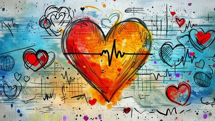 Poster - An abstract design showcases a large red heart with a heartbeat line running through it, surrounded by smaller colorful hearts and energetic patterns, expressing love and vibrancy.