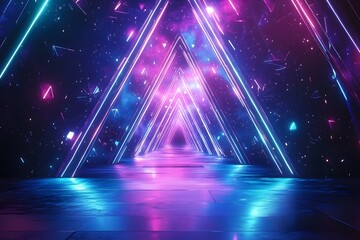 Poster - abstract background with neon glowing lines in blue and purple colors. futuristic geometric tunnel, 