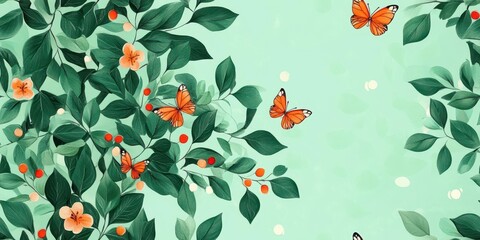Poster - Soft mint pastel background with milkweed pattern, view from the top down.