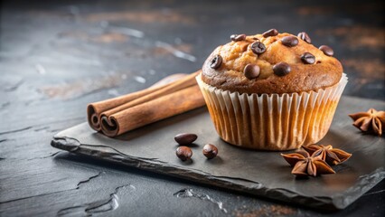 Wall Mural - Close-up of a freshly baked banana vegan chocolate chip cupcake on a slate board next to cinnamon sticks, vegan, dessert