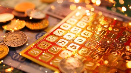 Golden lottery ticket with sparkling numbers, surrounded by coins and dollar bills, symbolizing a life-changing jackpot win and the excitement of potential wealth.