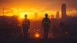 © Warakorn - Silhouetted construction crew working at a job site, with a blurred city skyline and machinery setting the stage for a bustling urban project.