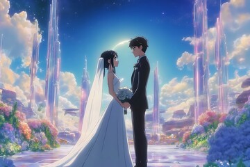 Canvas Print - Anime Couple Wedding in a Futuristic City.