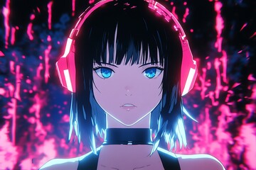 Wall Mural - Anime girl with pink headphones and blue eyes in a futuristic neon setting.