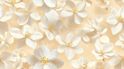 Poster - Jasmine pattern adorns soft beige pastel background in a top down view.
