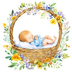 Wall Mural - Watercolor Illustration of a Sleeping Baby in a Basket Surrounded by Flowers.