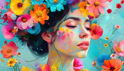 Wall Mural - Vibrant abstract portrait of a woman adorned with colorful floral elements