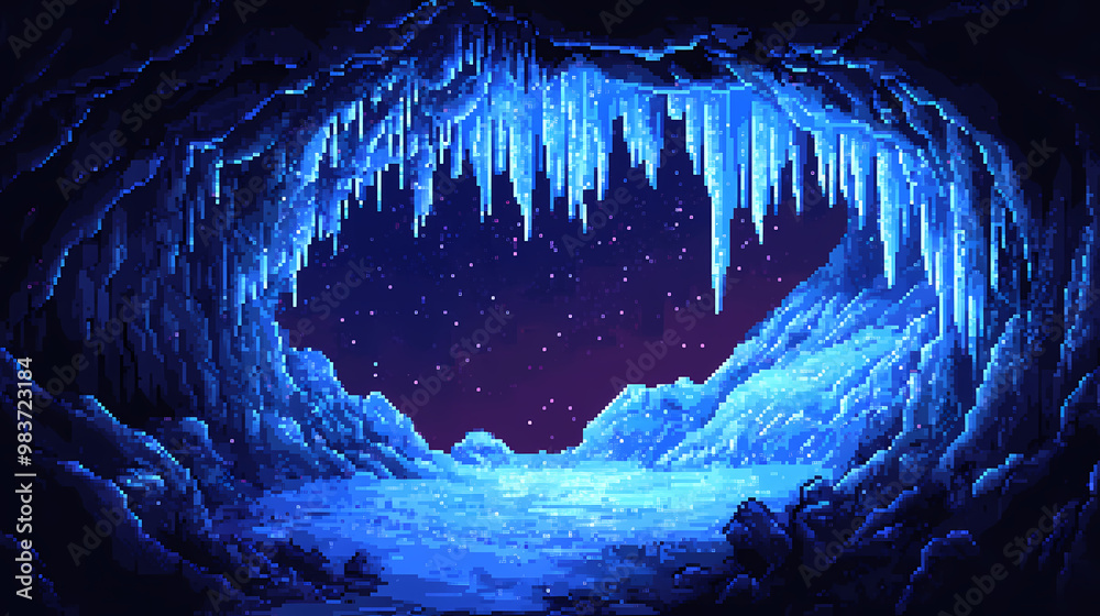 Mysterious pixel art cave with icy stalactites and a serene, starry ...