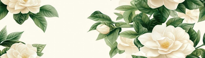 Poster - Gardenia pattern on pale cream pastel background, viewed from above.