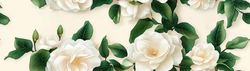 Poster - Gardenia pattern on pale cream pastel background, top down view