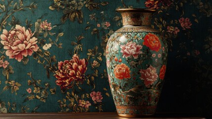 Canvas Print - Ornate Floral Vase Against a Vintage Wallpaper