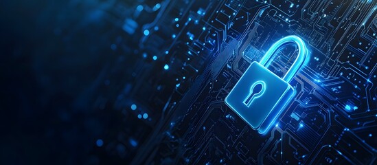 Poster - Abstract blue digital security lock icon on a dark background with a circuit board pattern, symbolizing data protection and cybersecurity concept.