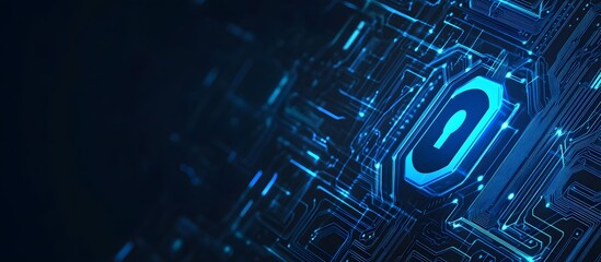 Poster - Abstract blue digital security lock icon on a dark background with a circuit board pattern, symbolizing data protection and cybersecurity concept.
