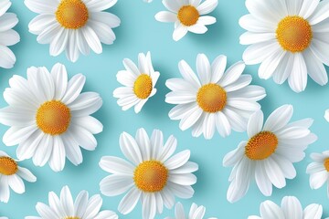 Poster - Daisy pattern on pale blue pastel background, viewed from above, creating a serene and whimsical aesthetic.