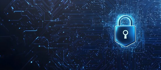 Poster - Abstract blue digital security lock icon on a dark background with a circuit board pattern, symbolizing data protection and cybersecurity concept.