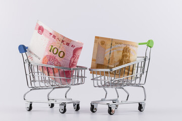 Wall Mural - One hundred Chinese yuan and 100 Russian rubles in shopping carts from a supermarket