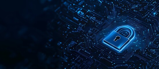 Poster - Abstract blue digital security lock icon on a dark background with a circuit board pattern, symbolizing data protection and cybersecurity concept.