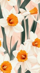 Poster - Daffodil pattern on pale blush pink pastel background, viewed from above, top down perspective.