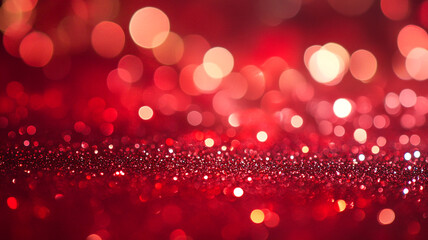 Canvas Print - Bright red bokeh lights sparkle on a glittering surface during a festive celebration at night