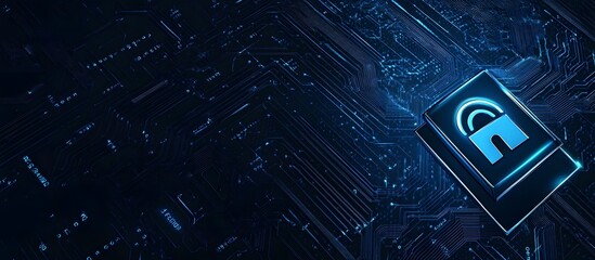 Poster - Abstract blue digital security lock icon on a dark background with a circuit board pattern, symbolizing data protection and cybersecurity concept.