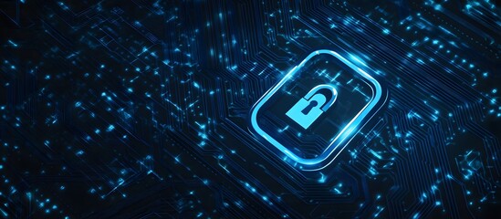 Poster - Abstract blue digital security lock icon on a dark background with a circuit board pattern, symbolizing data protection and cybersecurity concept.