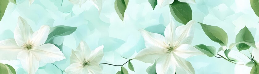 Poster - Clematis pattern on soft seafoam green pastel background, view from above, creating a serene and calming atmosphere.
