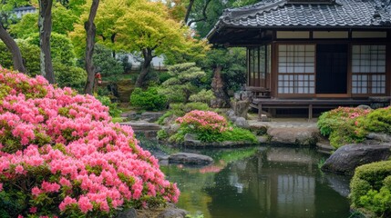 Wall Mural - Japanese Garden with Traditional House and Pond