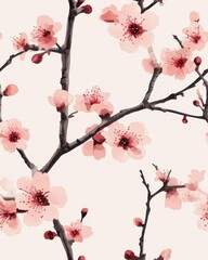 Poster - Cherry blossom pattern on light grey pastel background, viewed from above with a delicate touch.