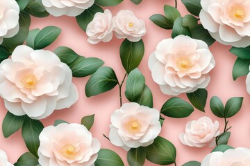Poster - Soft baby pink pastel background with a delicate camellia pattern, captured from a top-down perspective.