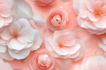 Poster - Camellia pattern on soft baby pink pastel background, top down view