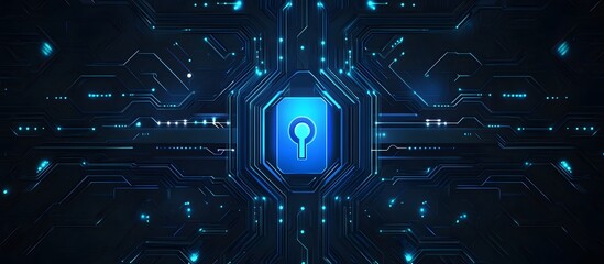 Abstract blue digital security lock icon on a dark background with a circuit board pattern, symbolizing data protection and cybersecurity concept.