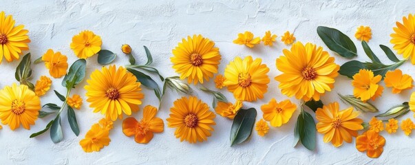 Poster - Calendula pattern on light grey pastel background, viewed from above.