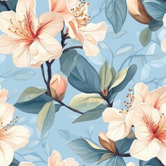 Poster - Azalea pattern on pale blue pastel background, viewed from the top downwards.